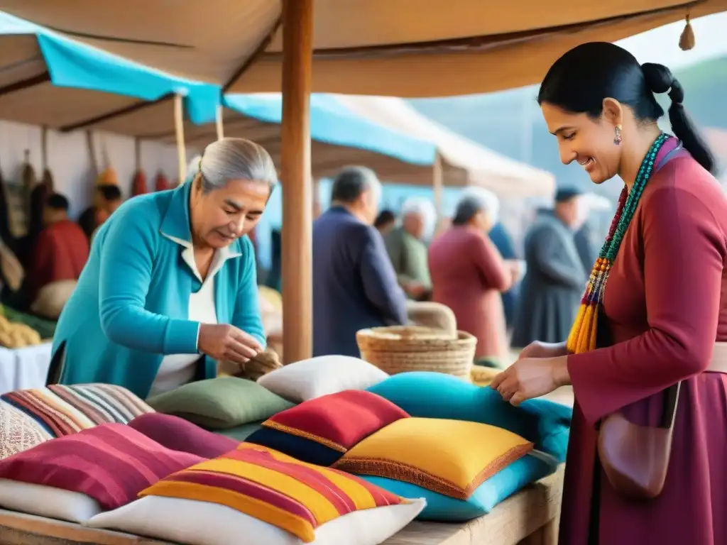 Turistas descubriendo artesanías en un mercado al aire libre en Uruguay, promoviendo el turismo responsable en Uruguay