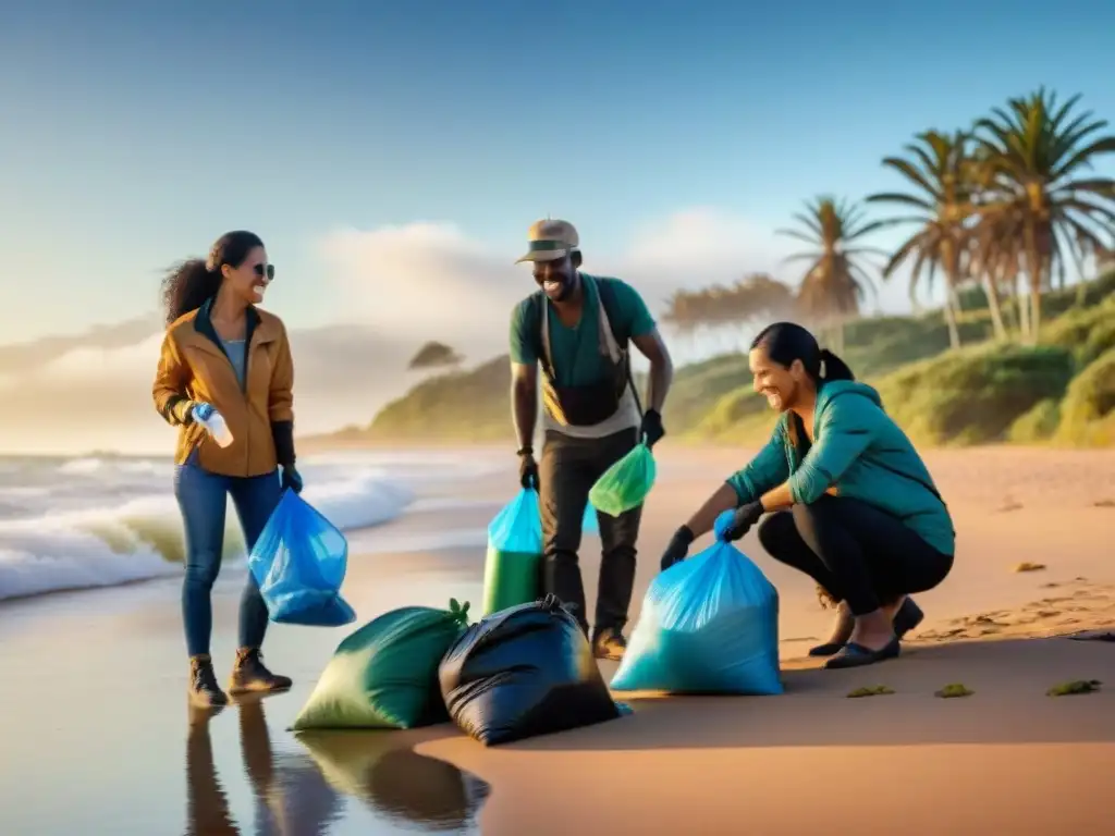 Turistas disfrutando del atardecer en una playa de Uruguay, limpiando la costa juntos como actividad de turismo responsable