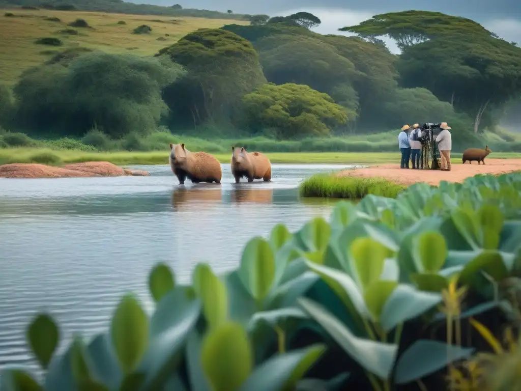 Turistas admirando capibaras en Uruguay: armonía entre conservación de fauna y turismo