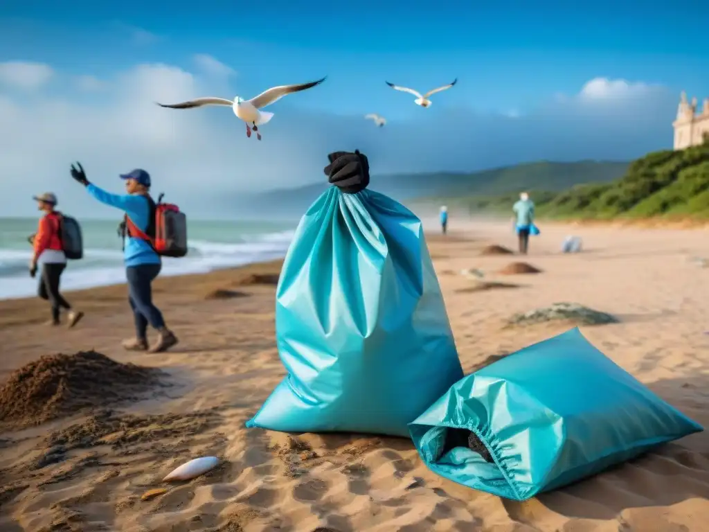 Turistas comprometidos en limpieza de playa en Uruguay, promoviendo turismo responsable conservación patrimonio