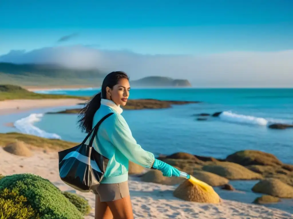 Turistas comprometidos en limpieza de playa, promoviendo turismo responsable y conservación del patrimonio en Uruguay