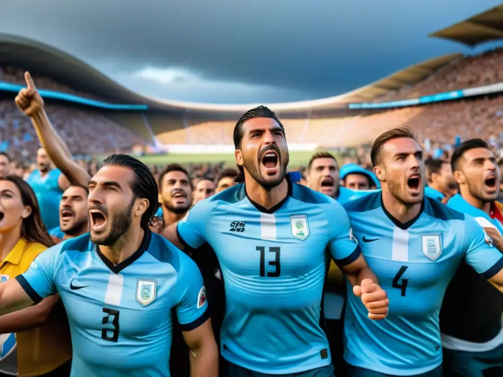 Turistas viviendo la emoción del fútbol en Uruguay, rodeados de fanáticos apasionados en un estadio lleno de color y energía