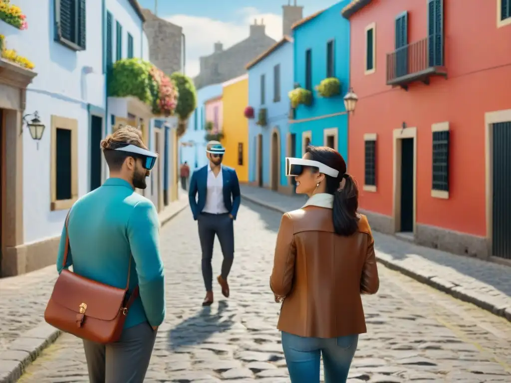 Exploración histórica en Uruguay con gafas de realidad aumentada Turistas en Uruguay exploran con gafas de realidad aumentada las calles históricas de Colonia del Sacramento, fusionando lo real y lo virtual