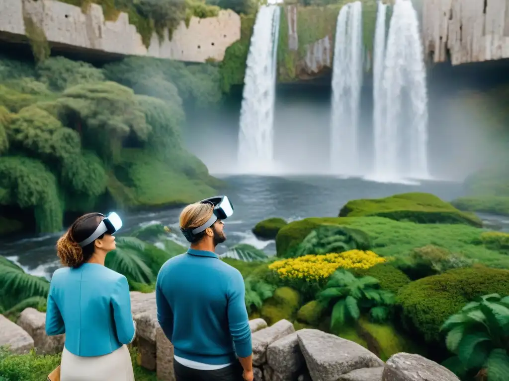 Exploración futurista de turistas en Uruguay Turistas explorando joyas ocultas Uruguay con realidad aumentada, mezclando lo antiguo y lo futurista