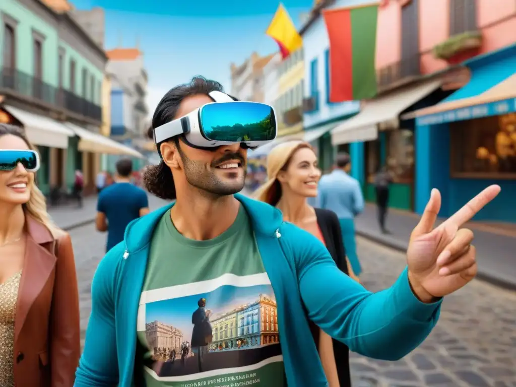 Turistas exploran Montevideo con lentes de realidad aumentada, fusionando lo virtual y real en el turismo en Uruguay a través de videojuegos