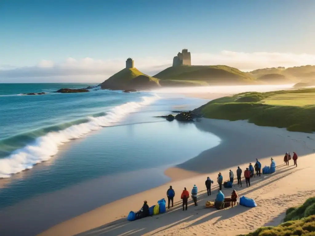 Turistas realizando limpieza en playa de Uruguay al atardecer, promoviendo el turismo responsable cabañas Uruguay