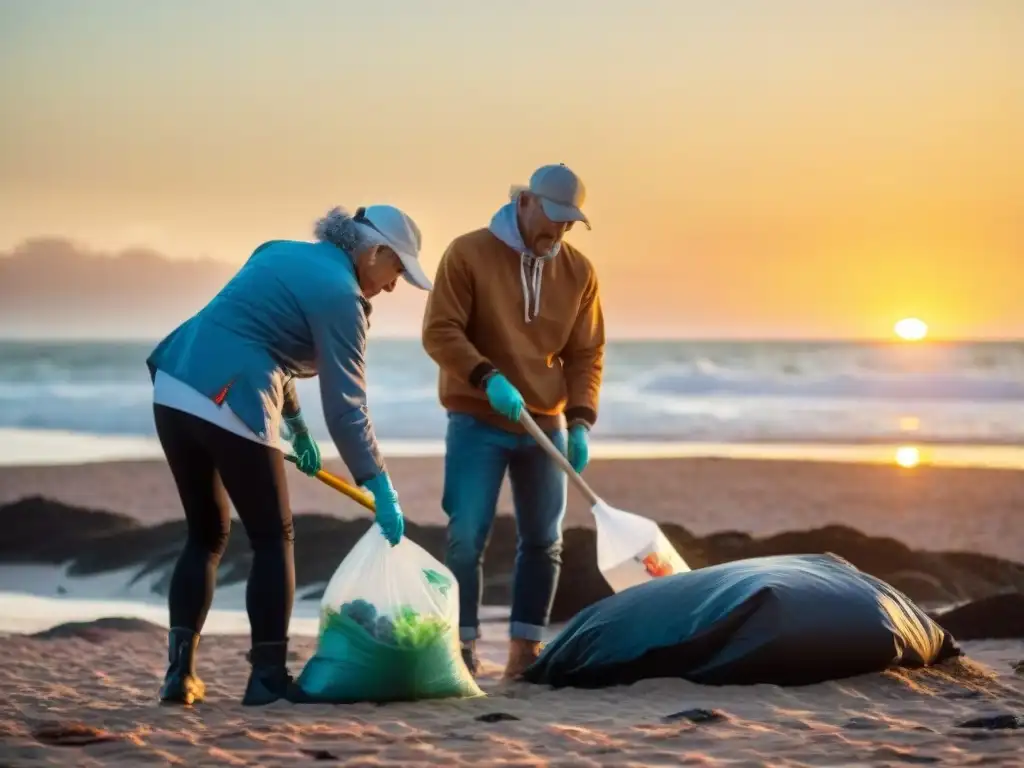 Turistas realizando limpieza de playa en Punta del Este al atardecer, promoviendo el turismo responsable en Uruguay