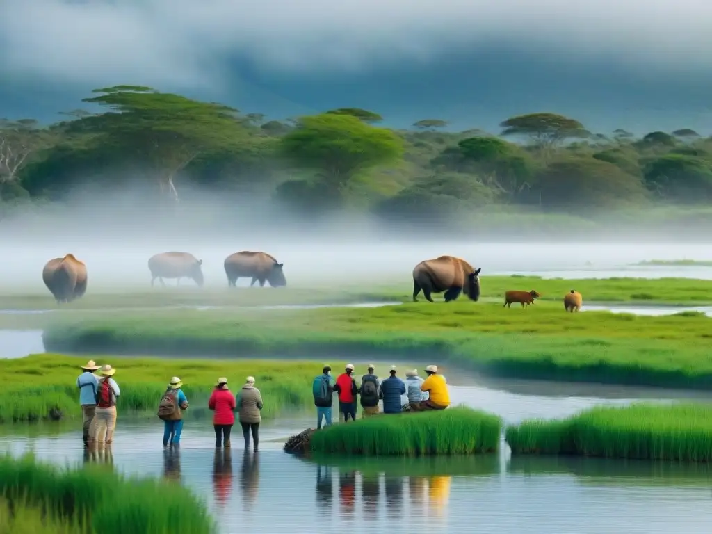 Turistas maravillados observan capibaras con guía en humedal uruguayo