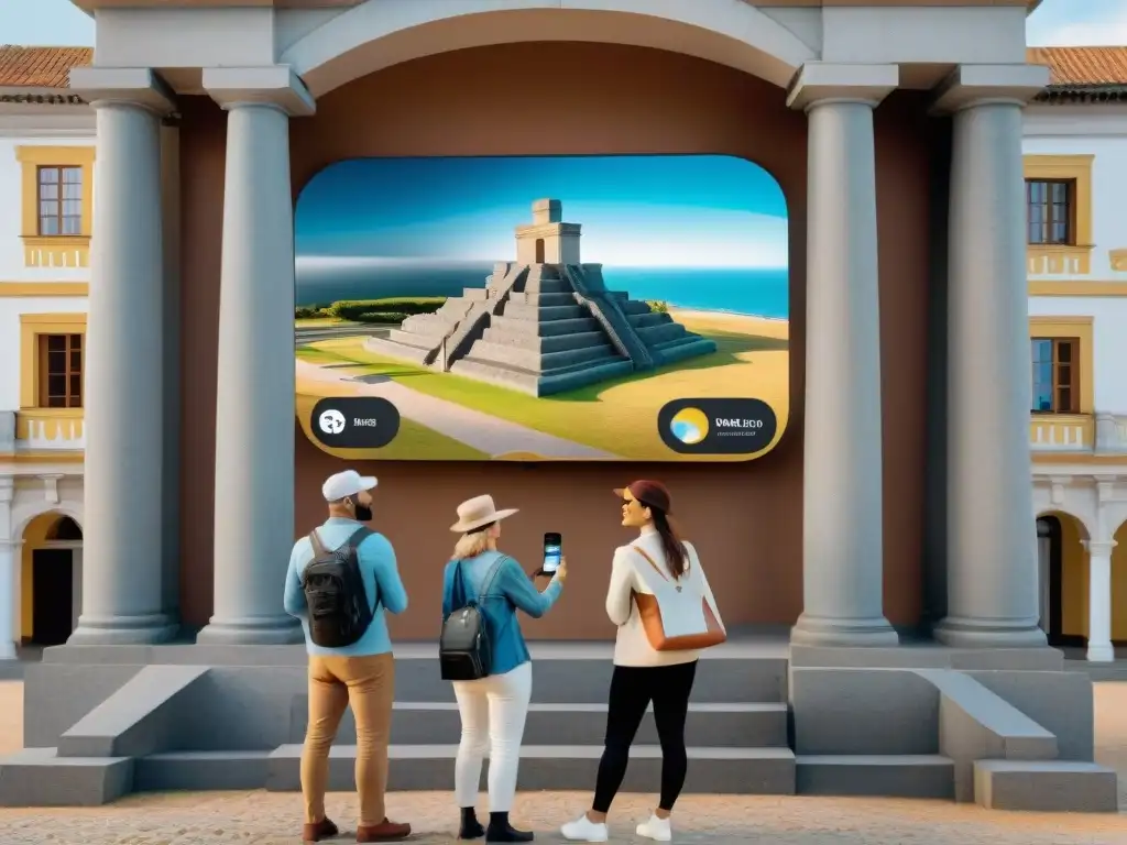 Excursión en Uruguay: turistas exploran monumento con gafas de realidad aumentada, fusionando pasado y presente