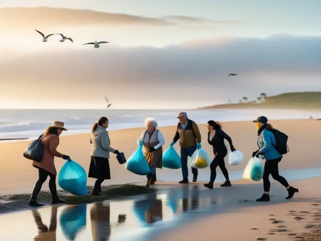 Turistas cuidando la playa al atardecer en Uruguay, promoviendo el turismo responsable en Uruguay