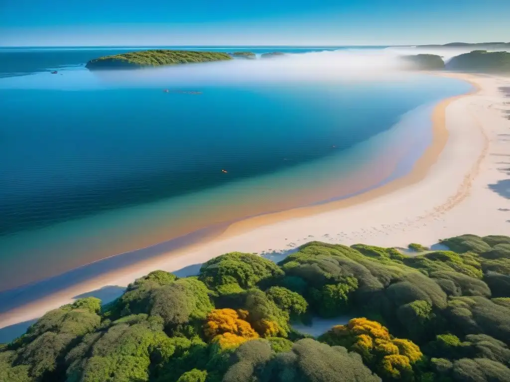 Turistas caminan en playa uruguaya de reserva natural, con aves coloridas y aguas cristalinas reflejando cielo azul