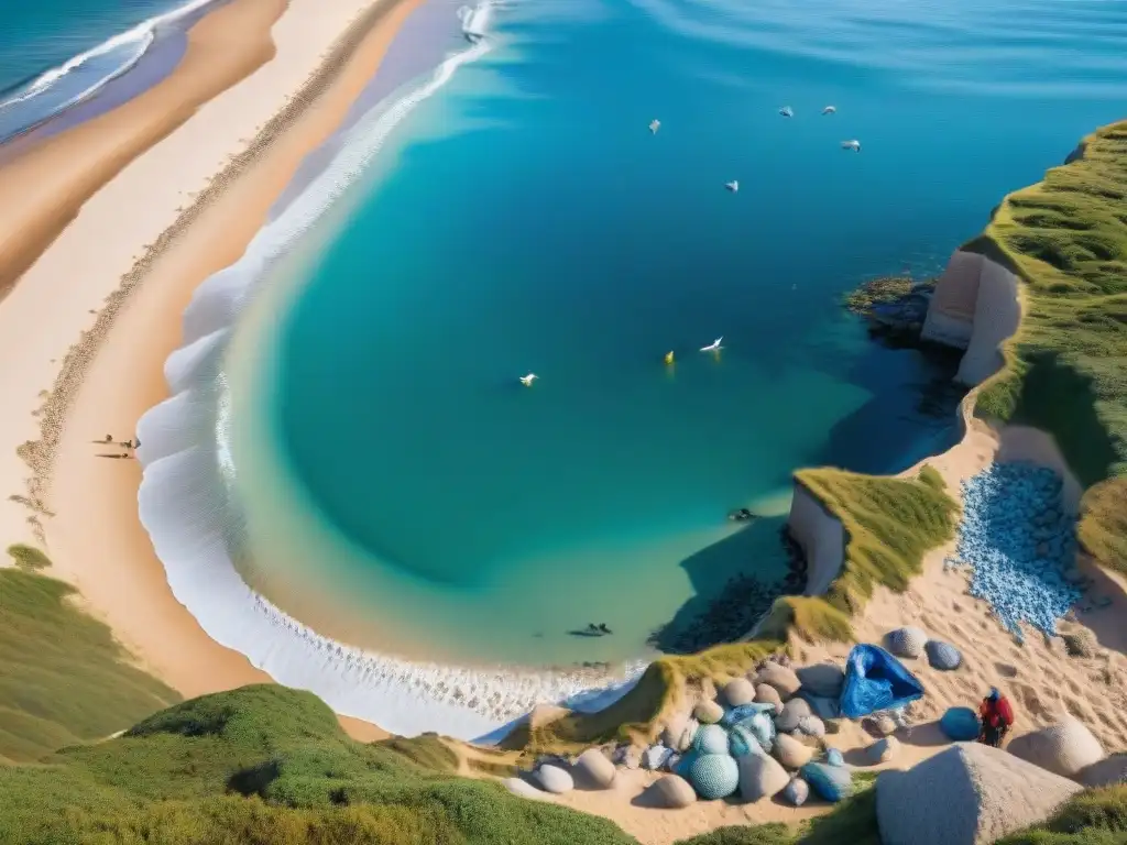 Turistas sonrientes limpian la playa en Uruguay, destacando la educación ambiental turismo