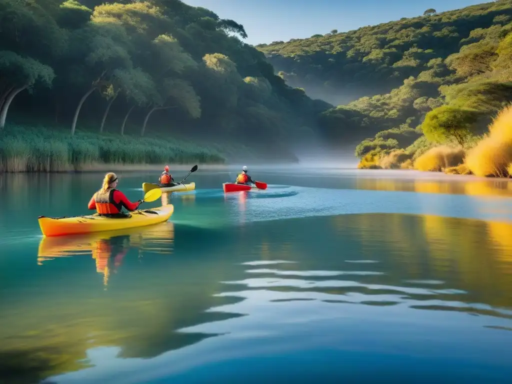 Turistas remando en kayaks en el tranquilo Arroyo Las Vacas en Carmelo, Uruguay