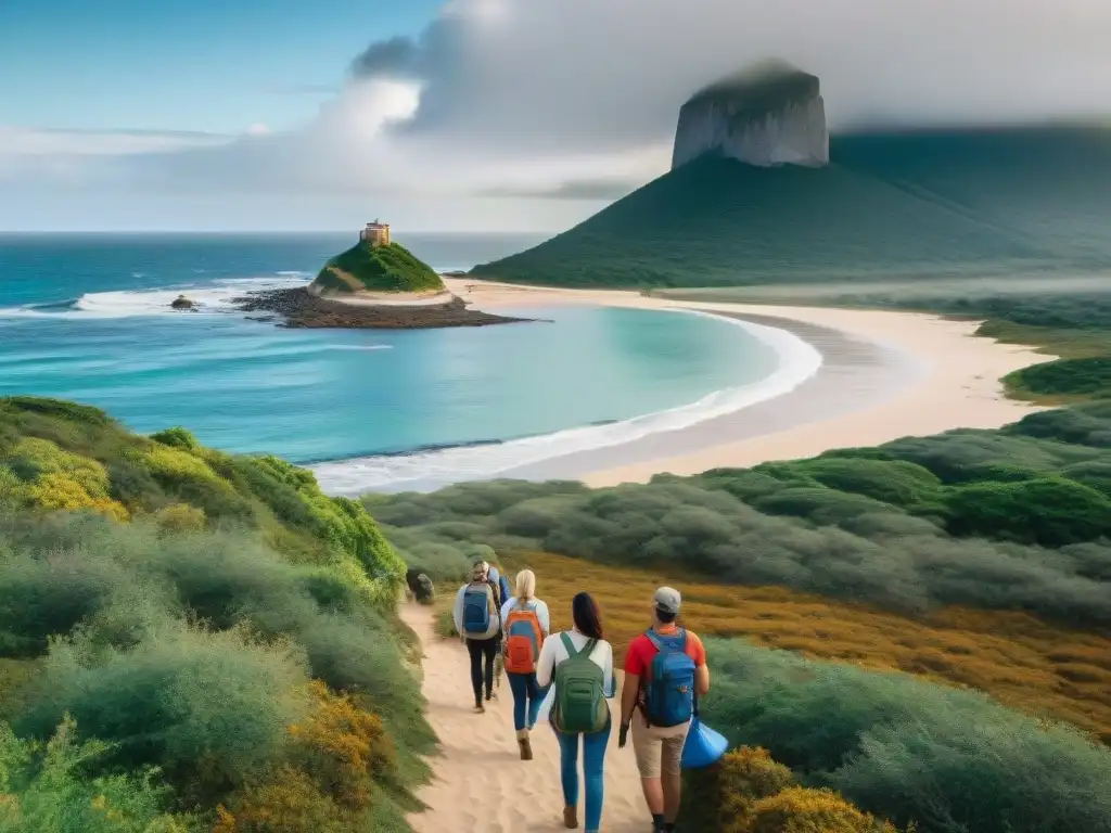 Turistas practicando turismo responsable en Uruguay, interactuando con la naturaleza y la comunidad local