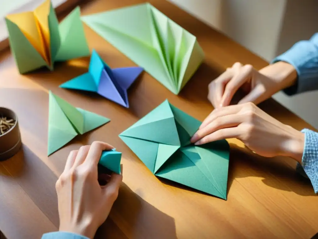 Unidos en creatividad: manos moldeando papel reciclado en origami, entre herramientas y colores