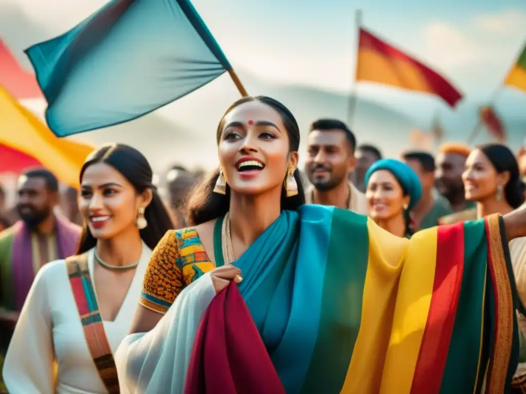 Unidos en diversidad cultural en el Festival Etnográfico: personas con atuendos tradicionales y banderas del mundo