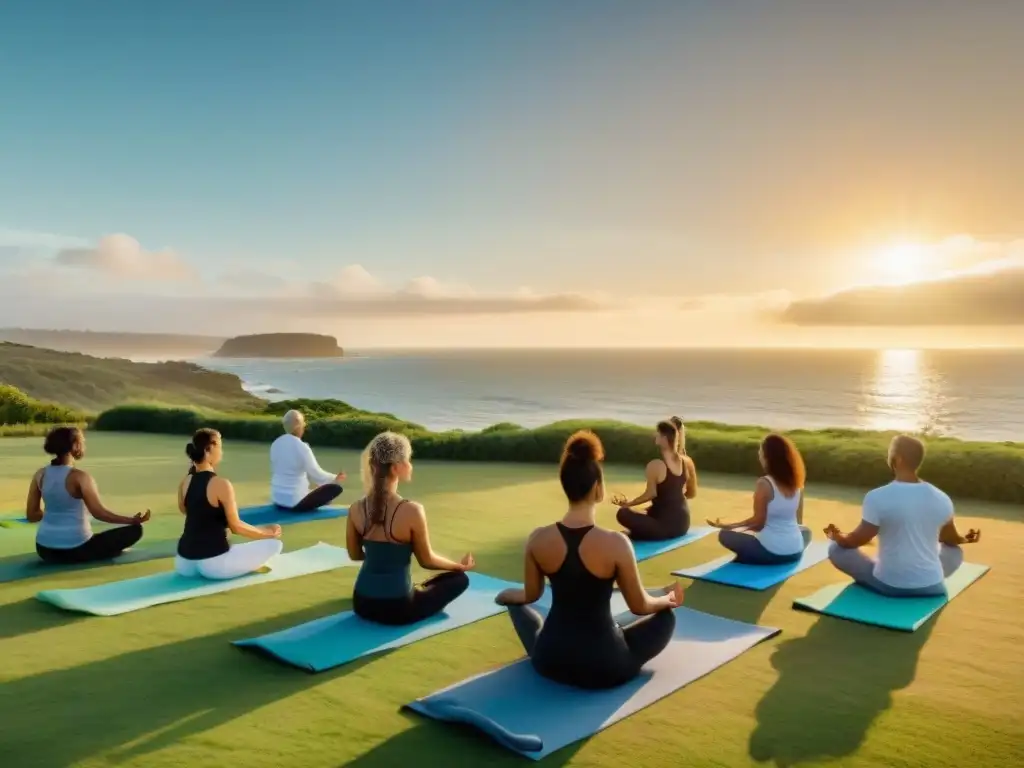 Unidos en armonía: grupo diverso practicando yoga al atardecer en Uruguay