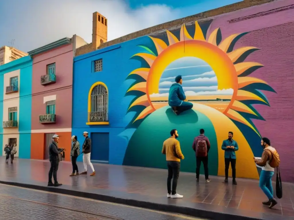 Fotografía urbana en Montevideo: artistas locales pintando un mural colorido en una calle bulliciosa