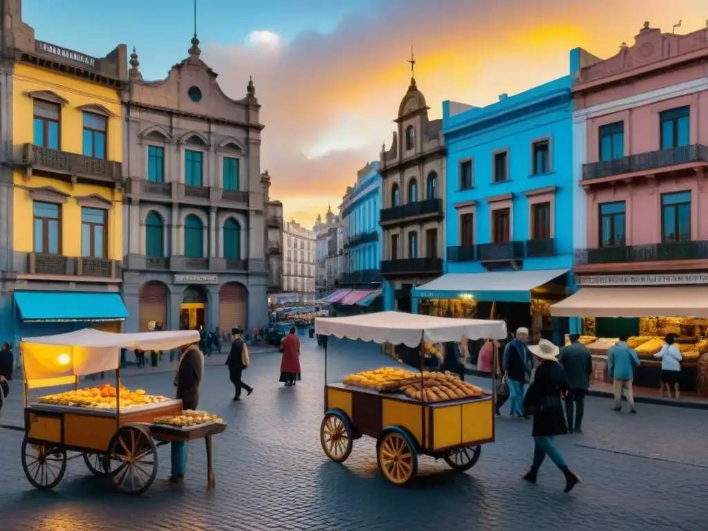 Fotografía urbana en Uruguay: Atardecer vibrante en Montevideo, con edificios coloniales y vendedor de pasteles