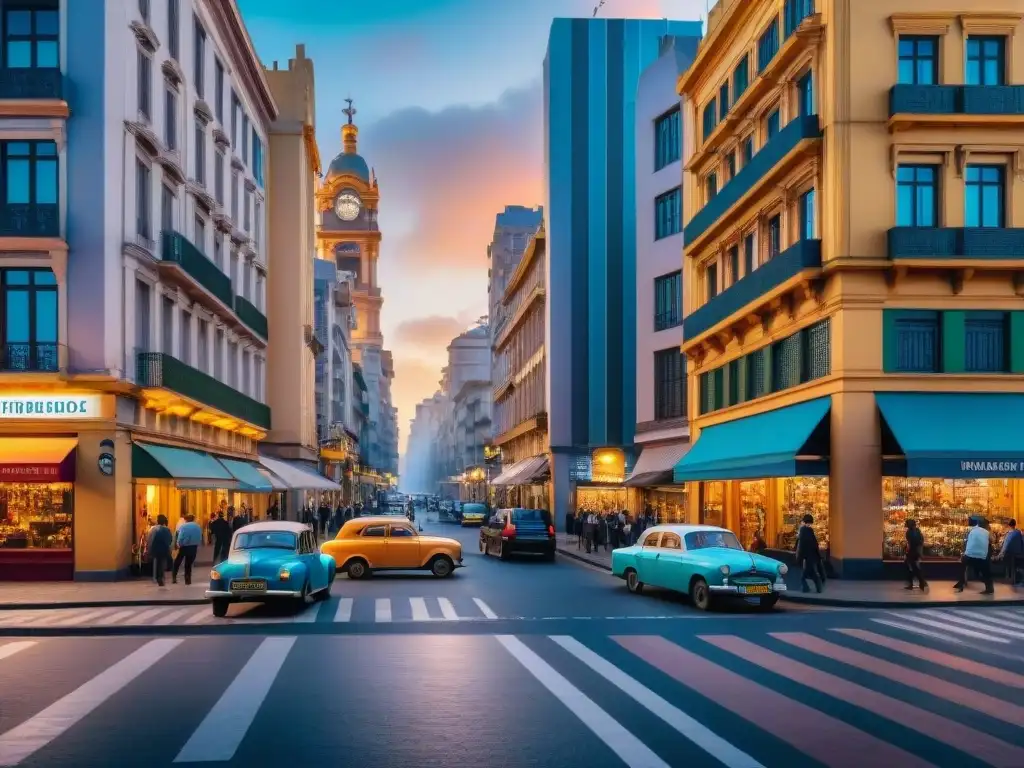 Fotografía urbana de Montevideo al atardecer: vida urbana vibrante, edificios coloridos y autos vintage