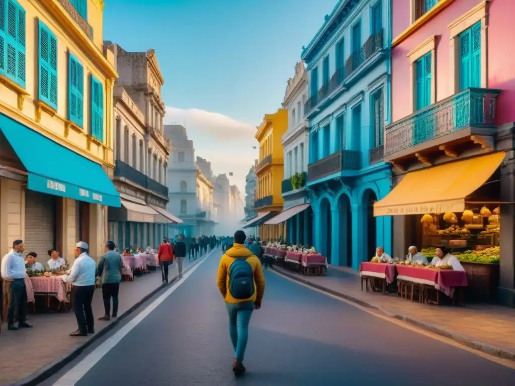 Fotografía urbana en Uruguay: Calles bulliciosas de Montevideo al atardecer, con sombras largas y vida urbana vibrante