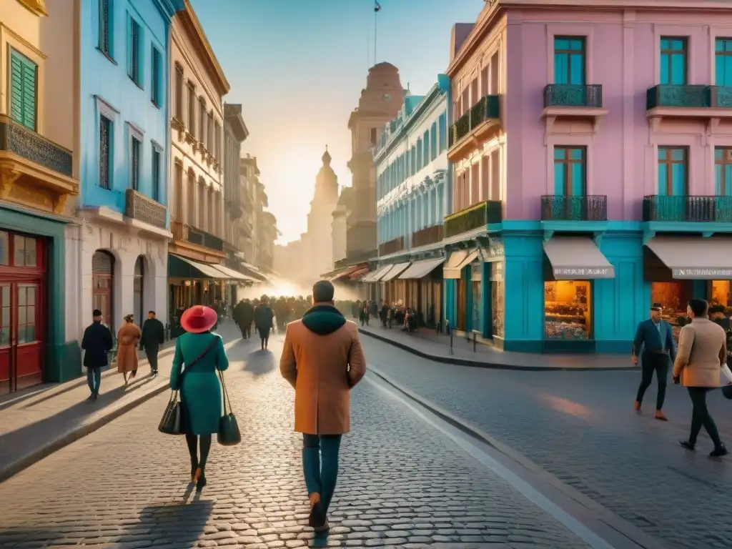 Fotografía urbana en Montevideo: Calles bulliciosas al atardecer, vida y cultura se entrelazan en la capital uruguaya