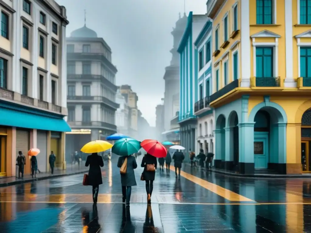 Fotografía urbana en Uruguay: Calles bulliciosas de Montevideo en blanco y negro en un día lluvioso, con gente bajo paraguas coloridos