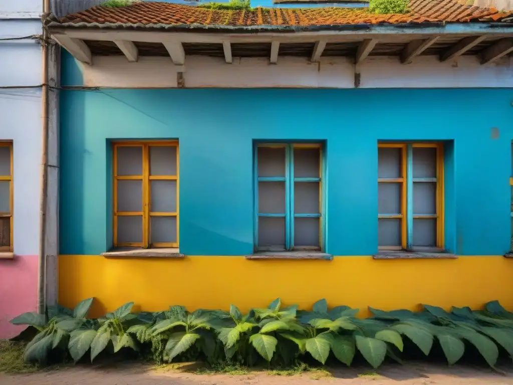 Fotografía urbana de un edificio abandonado en Uruguay, con grafitis, ventanas rotas y vegetación invadiendo