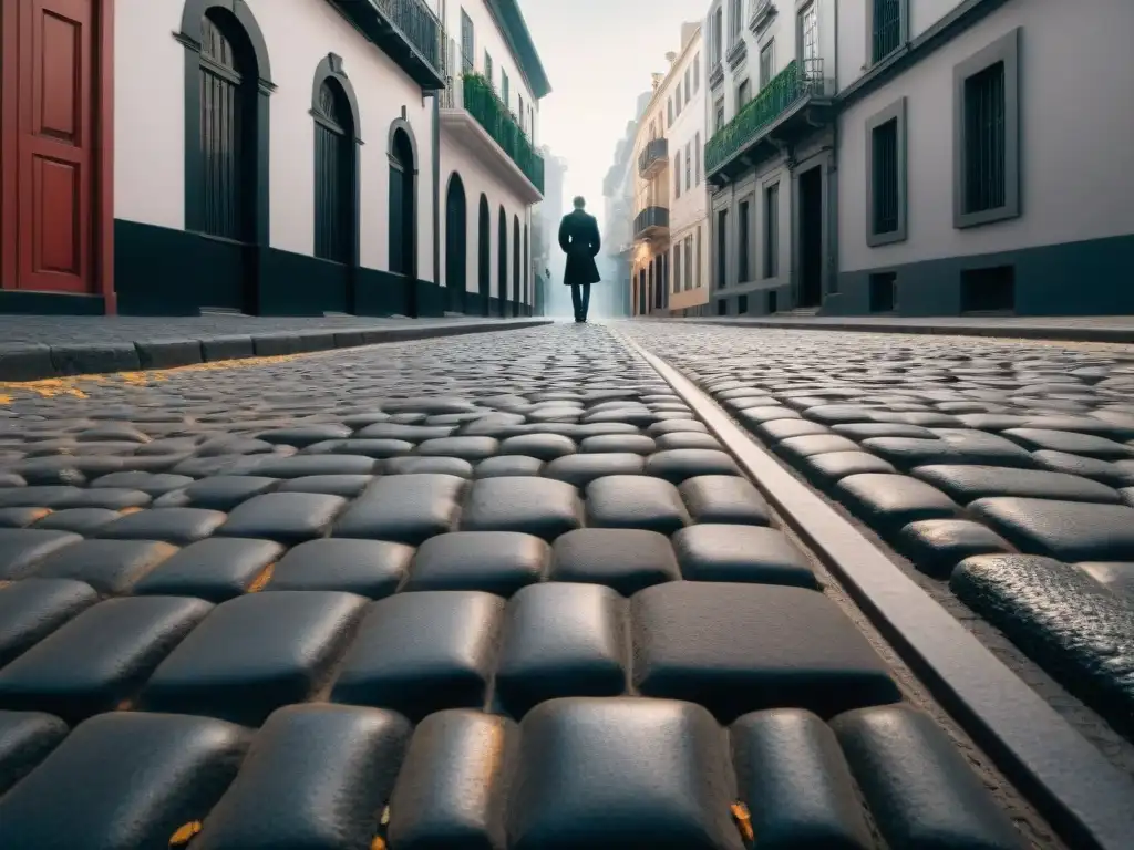 Fotografía urbana en Montevideo: Calle empedrada desgastada por el tiempo, juego de luces y sombras, figura solitaria borrosa