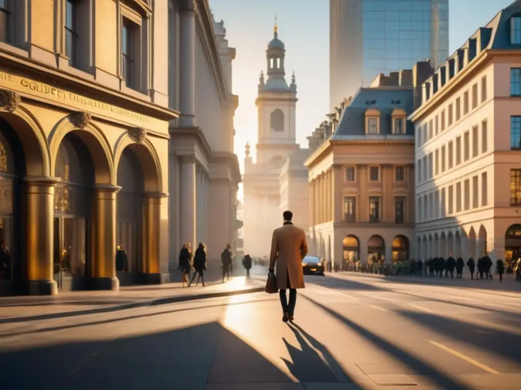 Fotografía urbana impactante: luz dorada ilumina el horizonte histórico, creando sombras largas y un resplandor cálido en detalles arquitectónicos