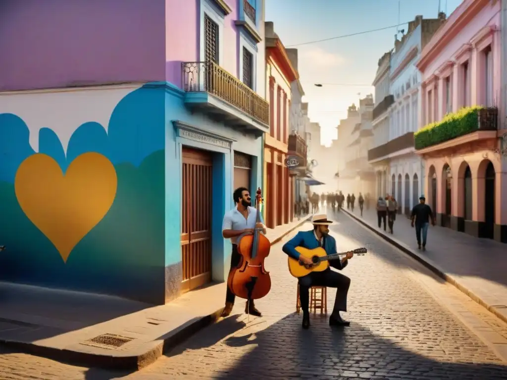 Fotografía urbana en Uruguay: músicos callejeros en Montevideo, bajo la luz cálida de una farola, rodeados de graffiti y transeúntes