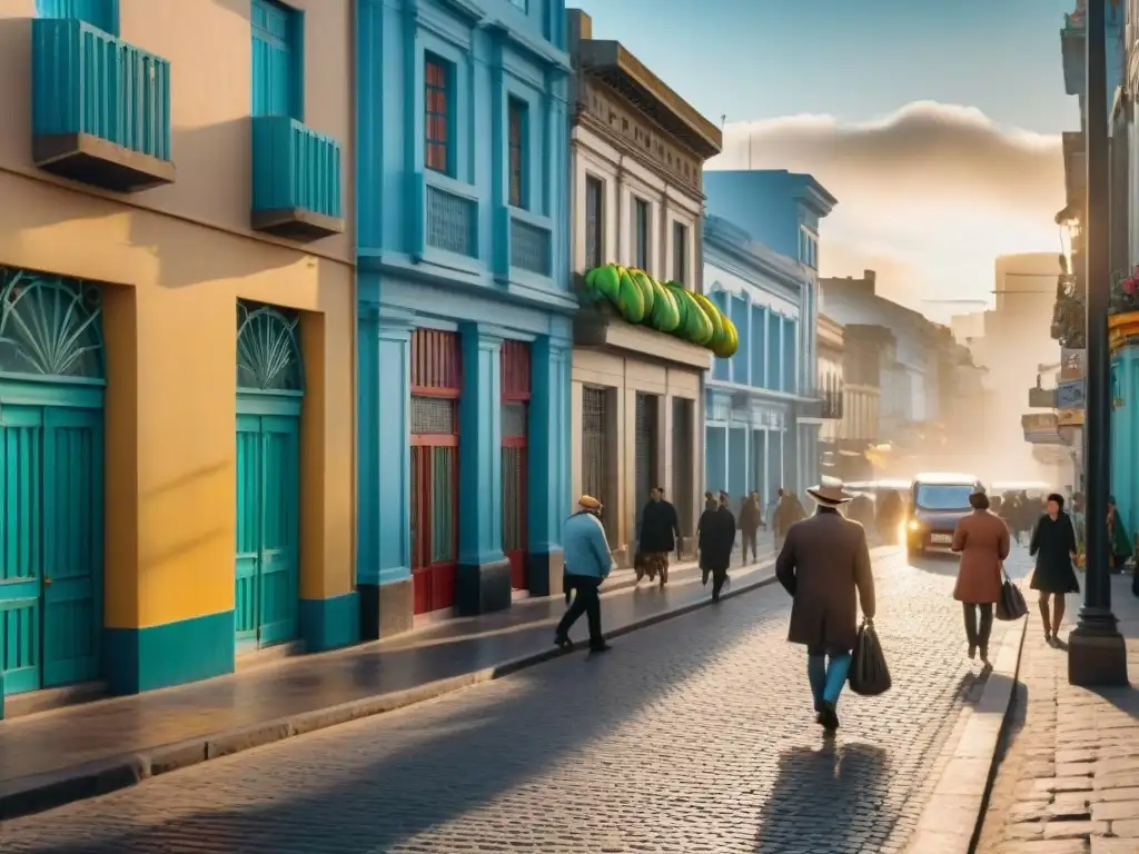 Fotografía paisaje urbano Uruguay: Calle bulliciosa al atardecer, gente diversa, frutas coloridas, arte callejero y autos vintage