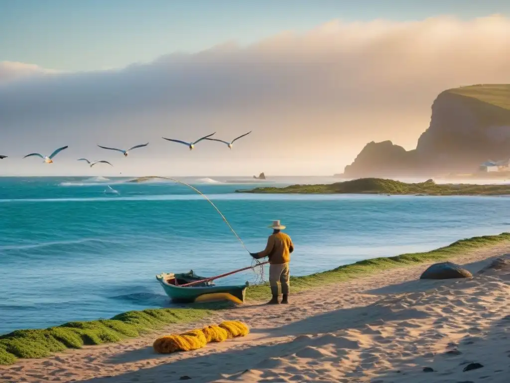 Fisherman uruguayo lanza su red al amanecer en el Atlántico