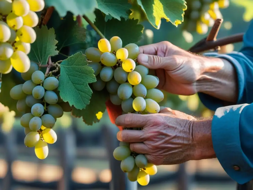 Hábil viticultor cosechando uvas doradas en viñedos de Uruguay