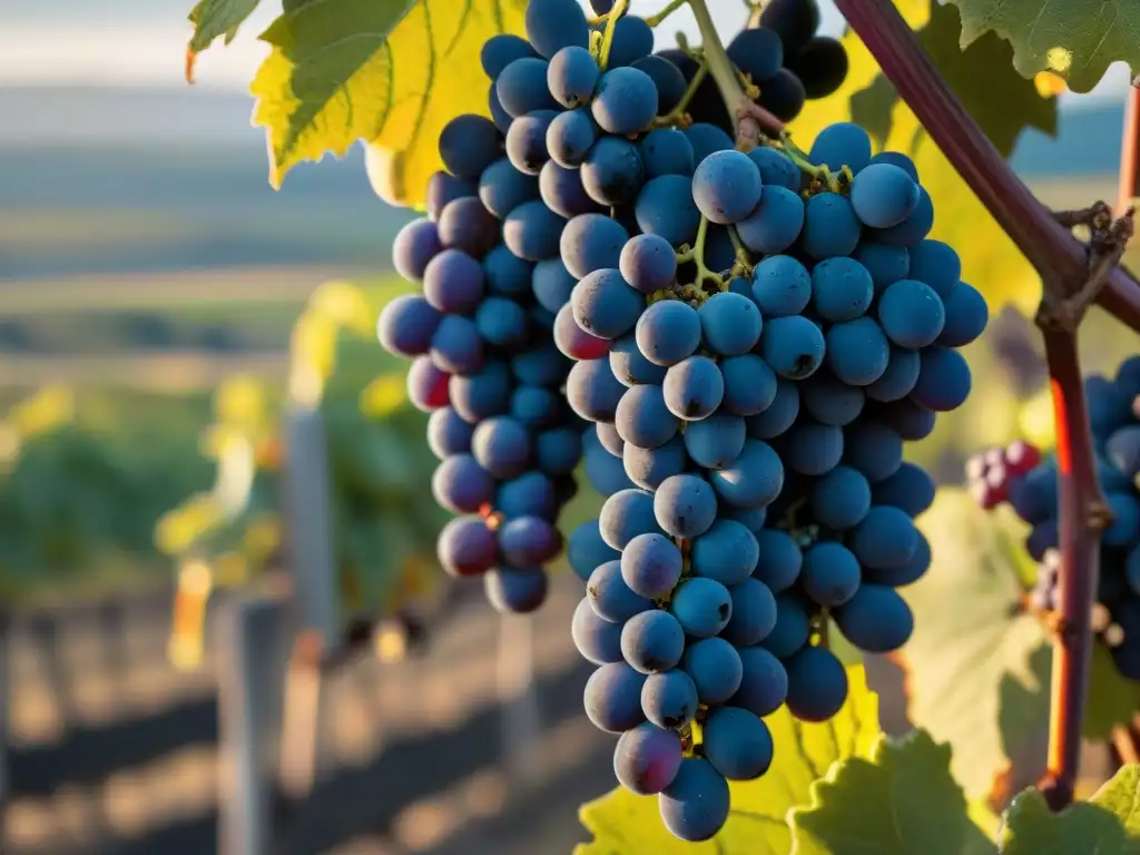 Uvas Tannat moradas brillantes con rocío al amanecer en viñedos de Uruguay