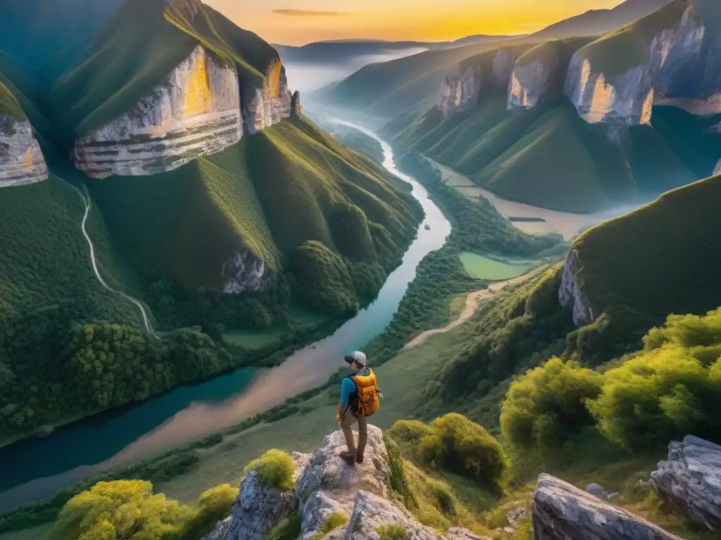 Atardecer dorado en Valle del Lunarejo: un paisaje impresionante Valle del Lunarejo: atardecer dorado sobre acantilados, río y vegetación, con senderistas explorando naturaleza auténtica