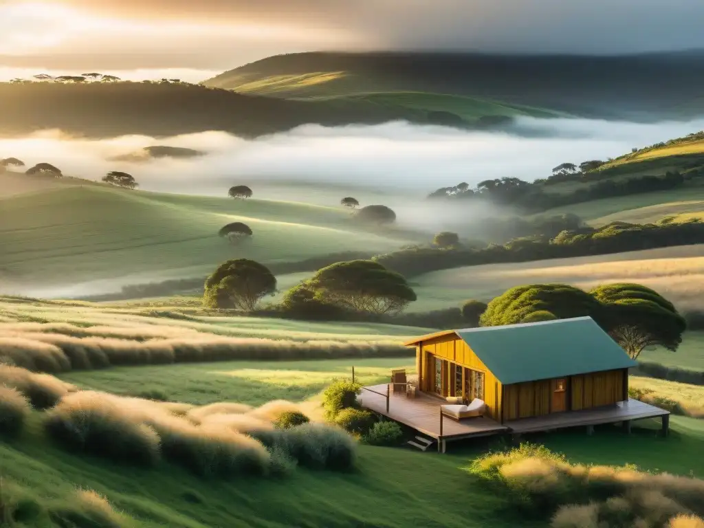 Valle verde en Uruguay al atardecer, cabaña acogedora entre árboles