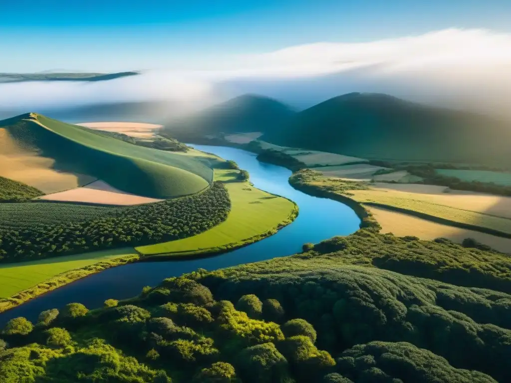 Valle verde sereno con río, colinas y cielo azul en Uruguay