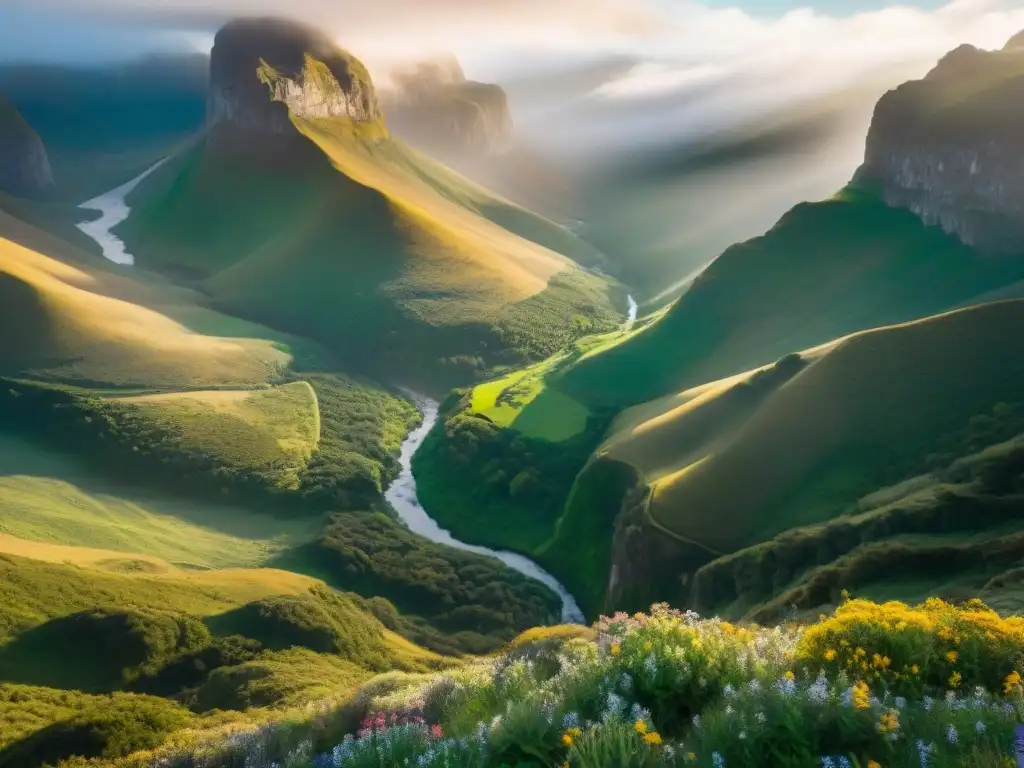 Un valle verde en las sierras de Uruguay, donde la luz dorada de la mañana baña el paisaje y una cascada crea magia