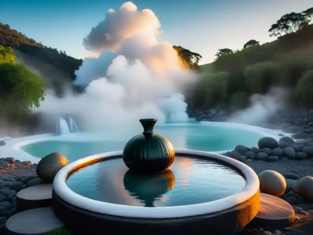 Termas de Uruguay: Serenidad entre aguas termales y naturaleza Vapor en Termas de Uruguay con mate y naturaleza, transmite tranquilidad y cultura