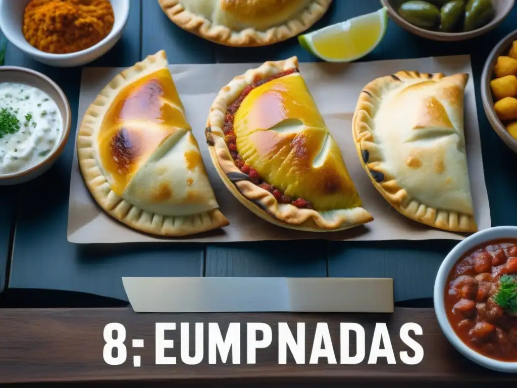 Una variedad de coloridas empanadas uruguayas sabores auténticos, exquisitamente presentadas en una mesa rústica de madera