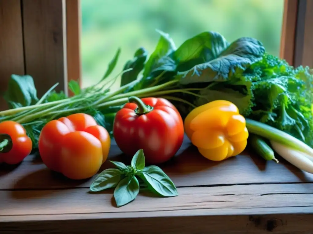 Una variedad vibrante de vegetales frescos locales en una mesa de madera rústica, bañados por la luz del sol