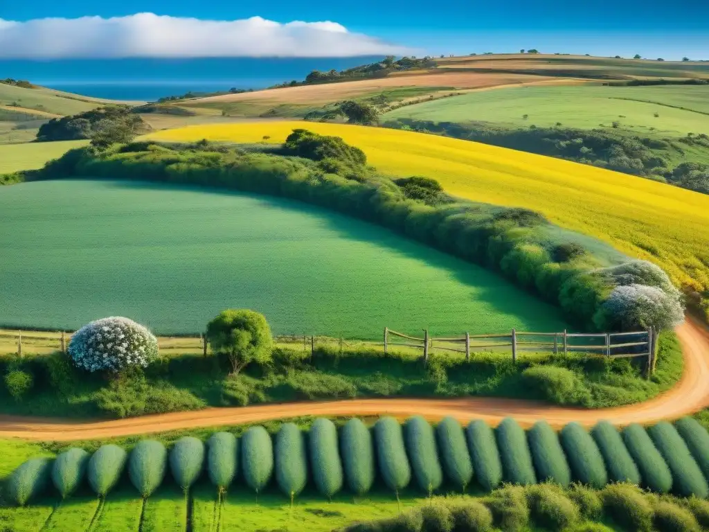 Un vasto paisaje campestre en Uruguay, con fincas rurales, ganado pastando y un cielo azul