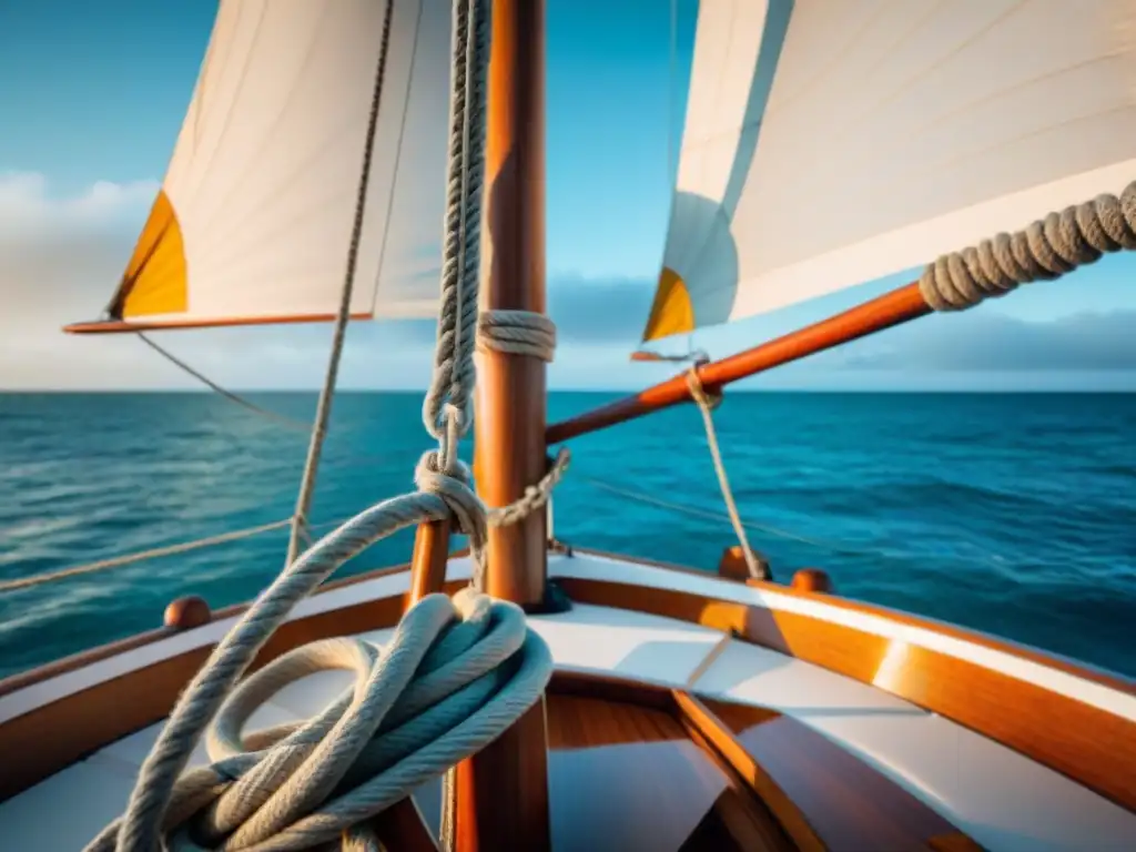 Vela desgastada ondeando al viento en un velero clásico en aguas tranquilas de Uruguay