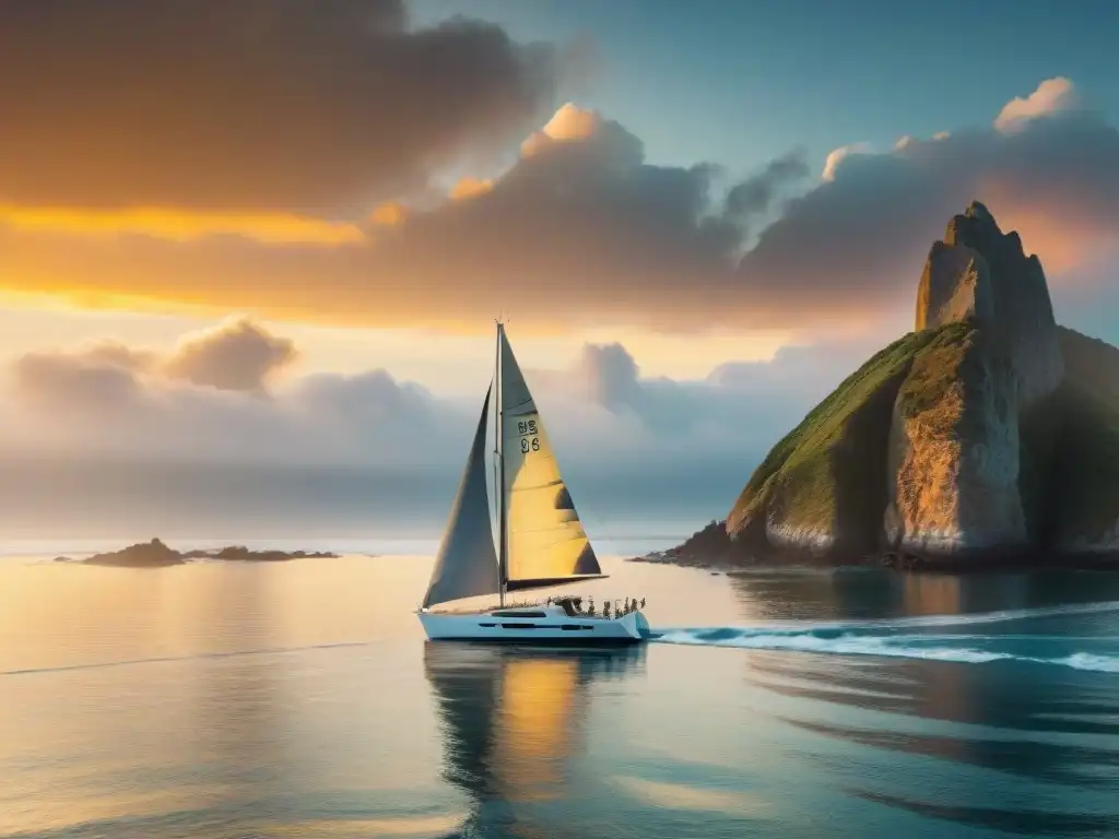 Navegar en velero por Uruguay al atardecer, con un barco clásico surcando aguas tranquilas y doradas