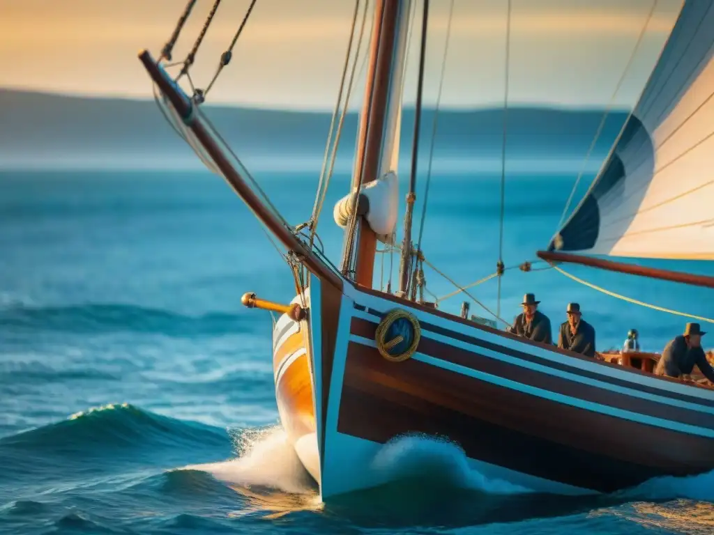 Un velero clásico navegando majestuosamente en las aguas cristalinas de Uruguay al atardecer