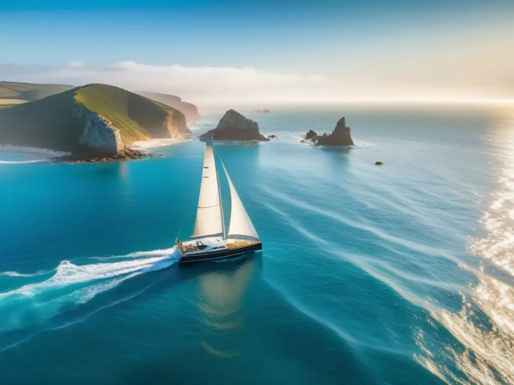 Un velero clásico navegando por las aguas de Uruguay al atardecer, brindando una sensación de libertad y aventura