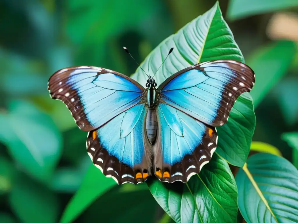 Mariposa morpho verde y azul en hoja de selva tropical de Uruguay