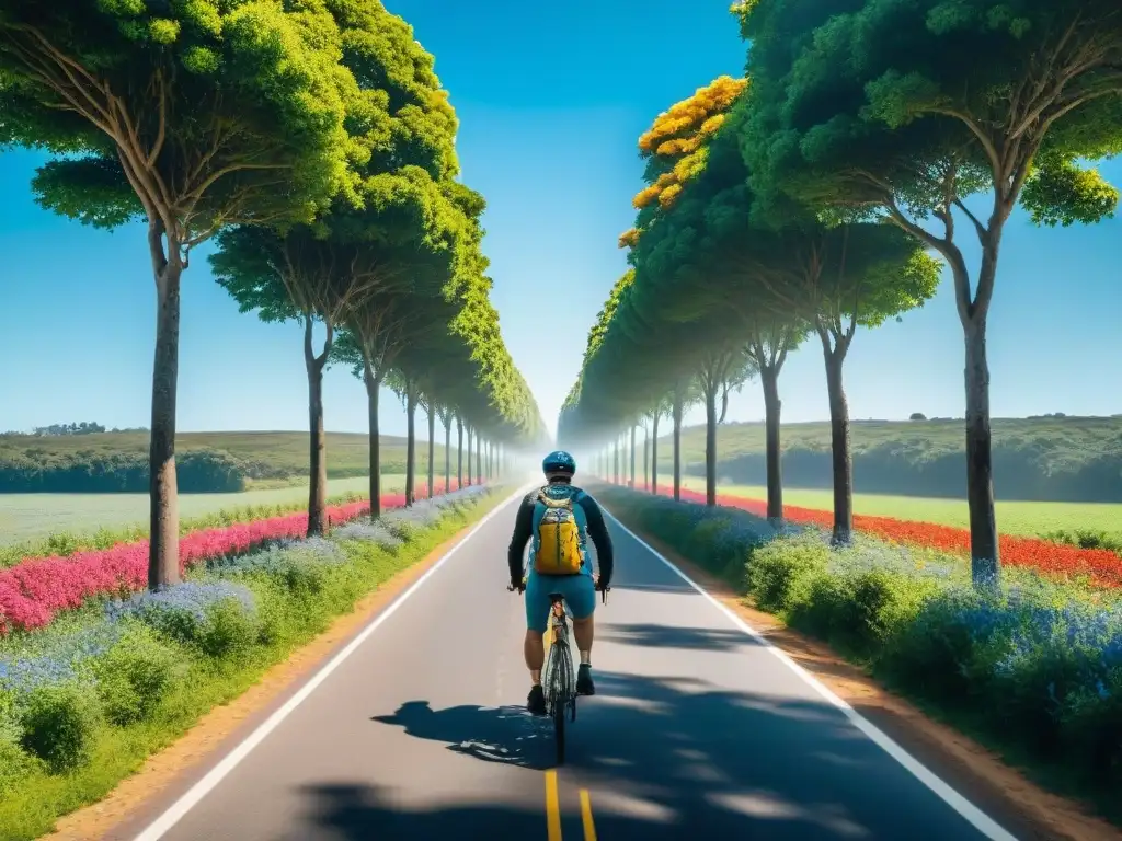 Un viaje en bicicleta por el campo Uruguayo, rodeado de árboles y flores silvestres, bajo un cielo azul