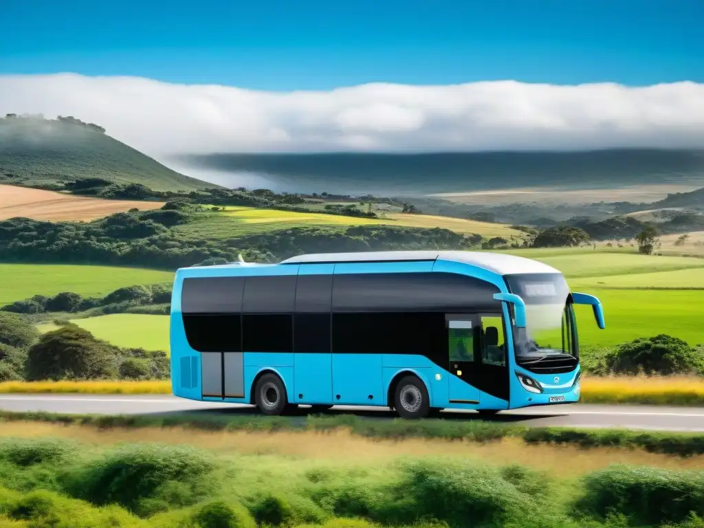 Un viaje en bus eléctrico por el campo uruguayo con pasajeros de todas las edades maravillados por el paisaje